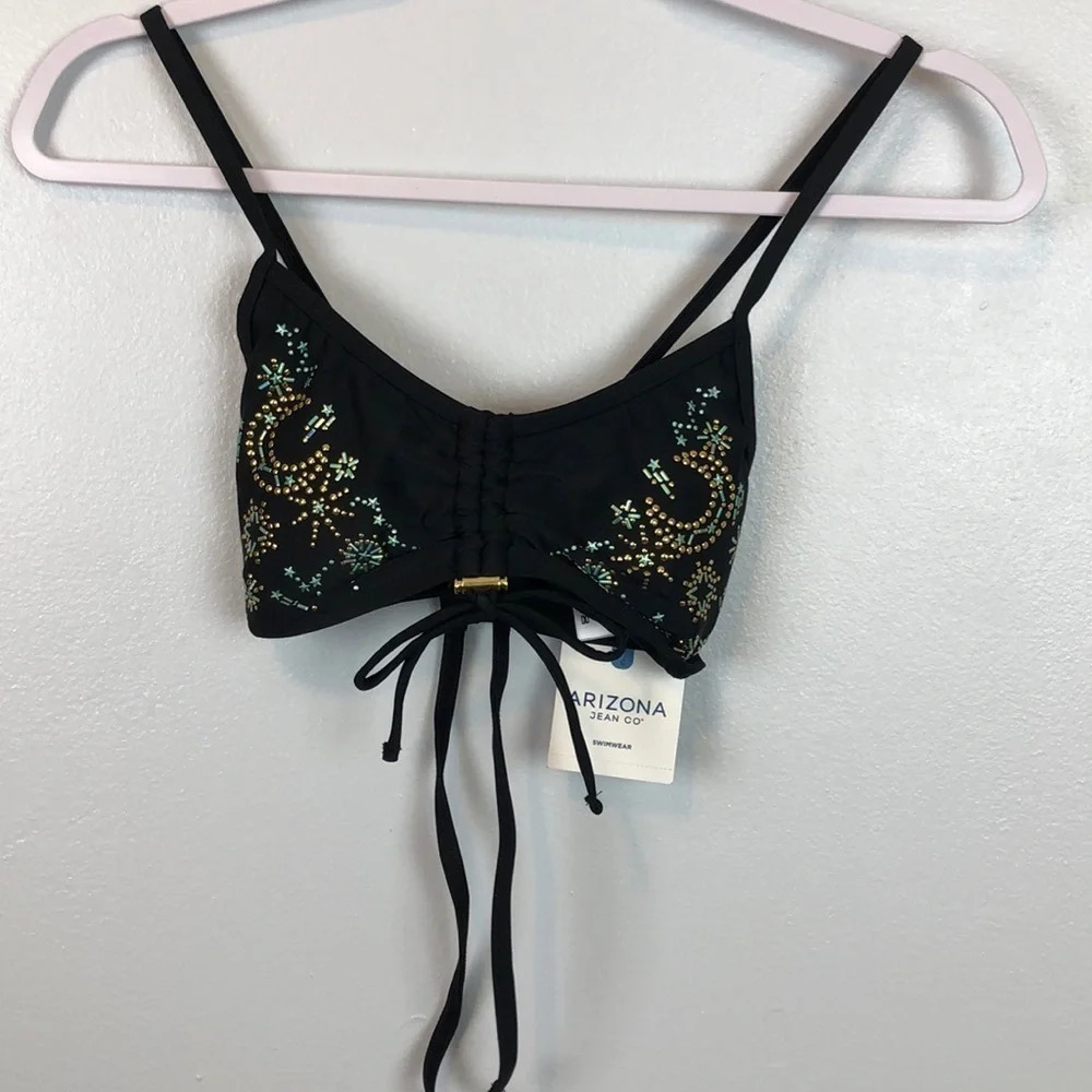 NWT Arizona Black With Beading Design Swimsuit Top S‎